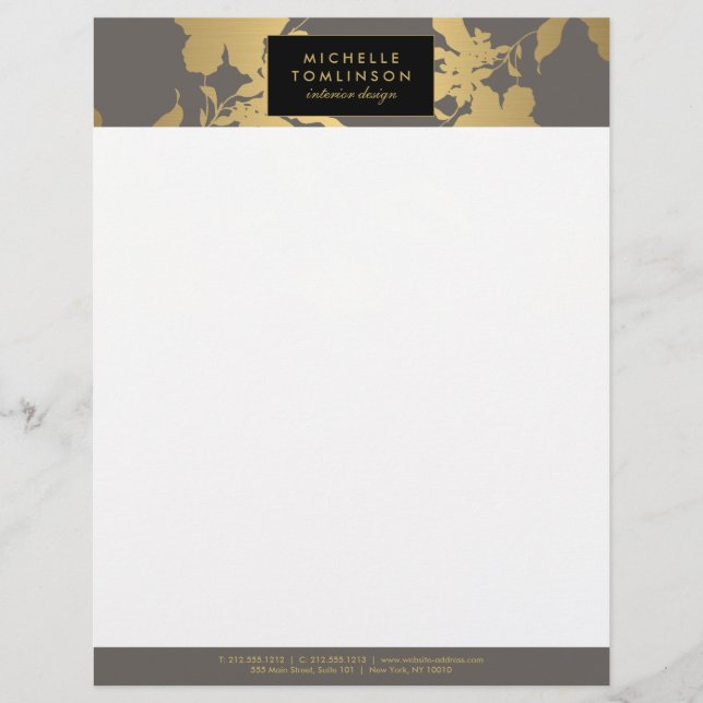 Papel Timbrado Designer de Cinzas de Padrão Floral Dourado Elegan (Frente)
