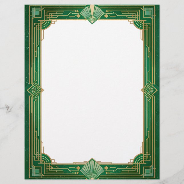 Papel Timbrado Dourada Arte Deco Frame sobre Verde (Frente)
