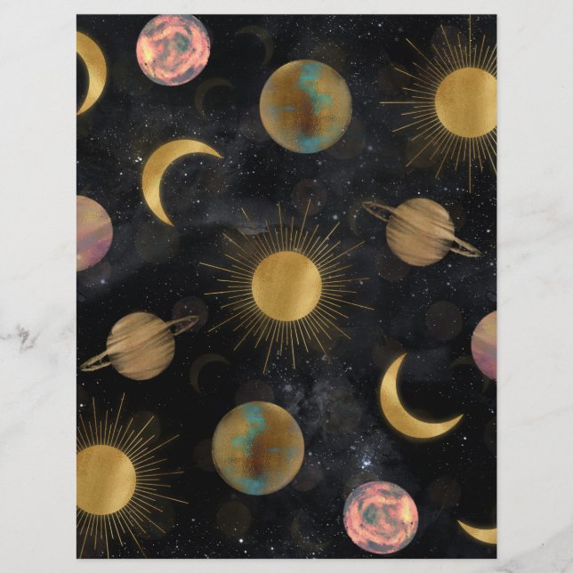 Papel Timbrado Dourada ilustração espacial de planetas da Lua Sol (Frente)