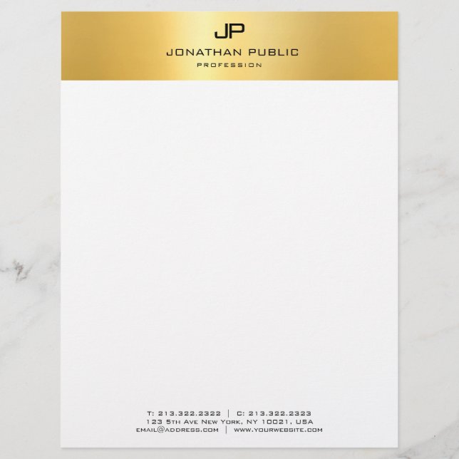 Papel Timbrado Dourado Branco Moderno Monograma Simples Modelo (Frente)