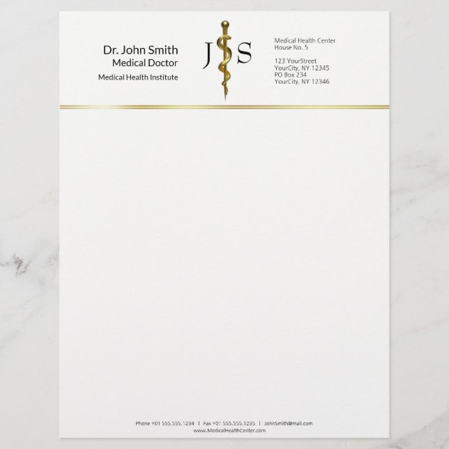Papel Timbrado Dourado no White Classy Rod of Asclepius Medical (Frente)