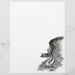 Papel Timbrado Dragão chinês, Design preto e branco em tatuostilo
