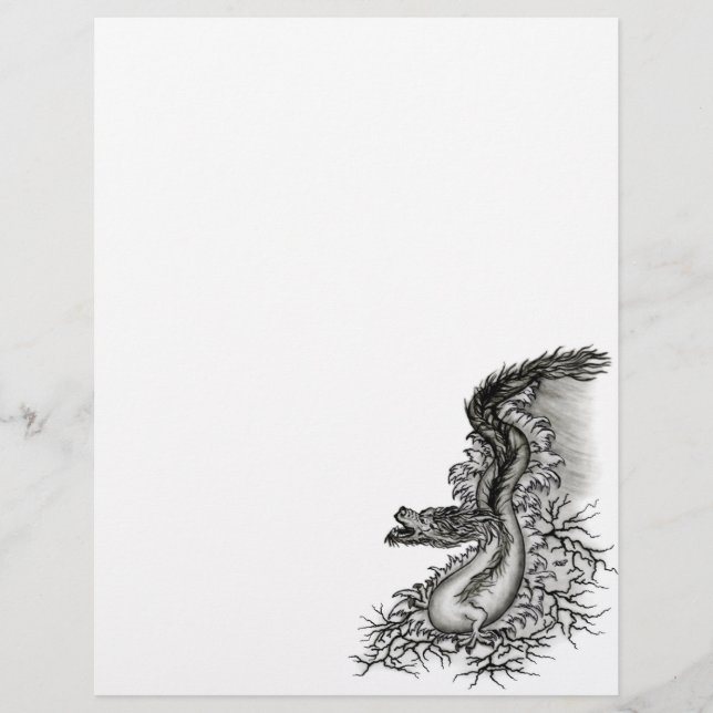 Papel Timbrado Dragão chinês, Design preto e branco em tatuostilo (Frente)