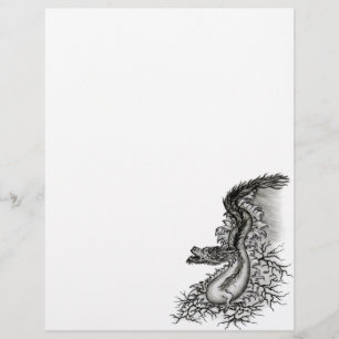 Papel Timbrado Dragão chinês, Design preto e branco em tatuostilo