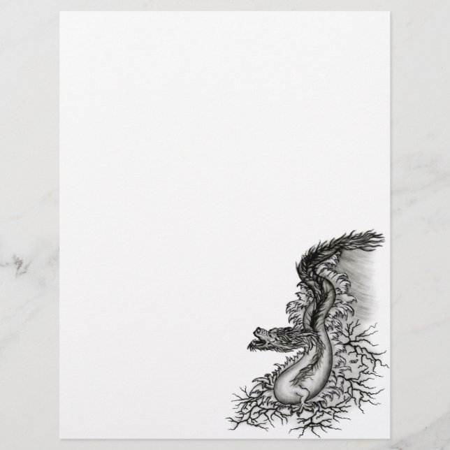 Papel Timbrado Dragão chinês, Design preto e branco em tatuostilo (Frente)