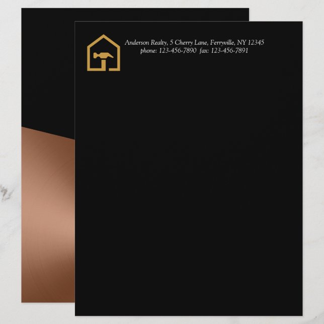 Papel Timbrado Edifício de Construção Preto e Bronze Moderno (Frente/Verso)