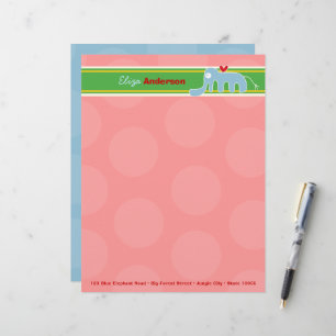 Papel Timbrado Elefante Azul Desenho Divertido Pontos Rosa Crianç