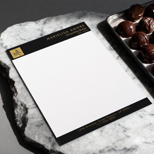 Papel Timbrado Elegant Black Gold Script Logo Chocolate Maker (Criador carregado)