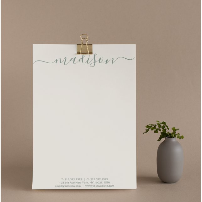 Papel Timbrado Elegante Chic Manuscrito Sage Green (Criador carregado)