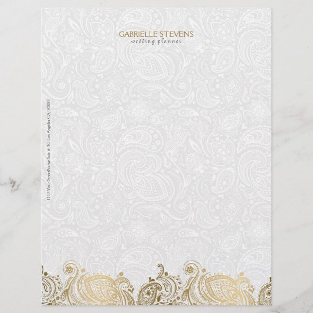 Papel Timbrado Elegante Dourado E Branco Paisley Lace (Frente)