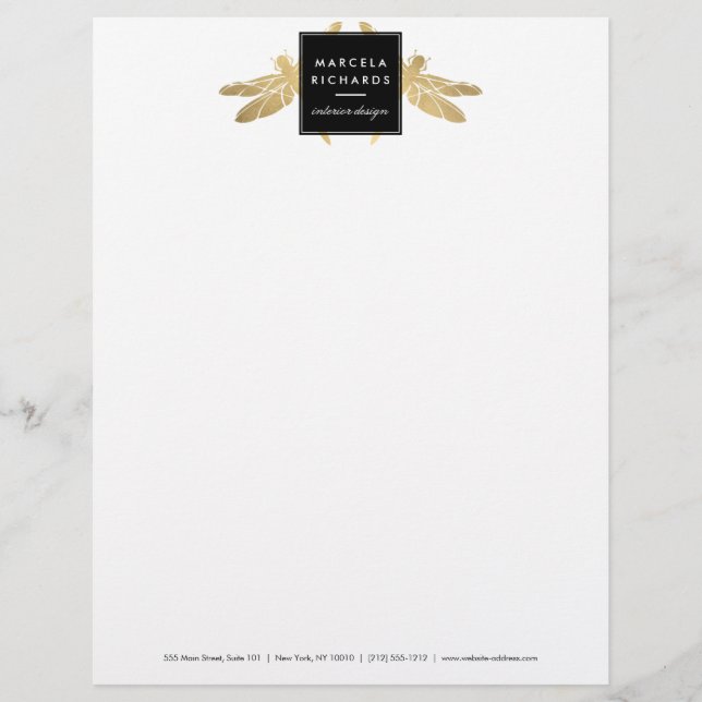 Papel Timbrado Elegante Faux Dourada Dragonfly Duo Letterhead (Frente)