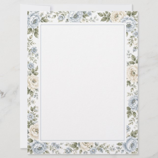 Papel Timbrado Elegante Floral Azul e Marfim (Frente)