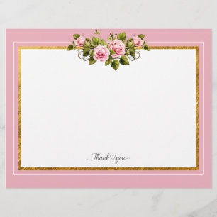 Papel Timbrado Elegante Floral Rosa e Moldura Dourada "Obrigado"