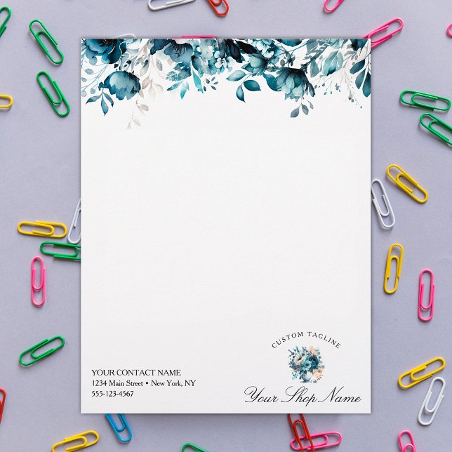 Papel Timbrado Elegante marinho azul aquarela floral, nome comerc (Criador carregado)