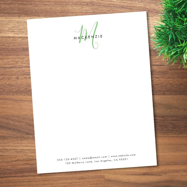Papel Timbrado Elegante Monograma Branco Moderno em Script Verde (Criador carregado)