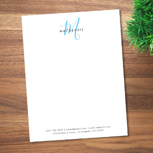 Papel Timbrado Elegante Monograma Moderno em Branco e Azul Céu em