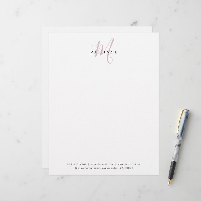 Papel Timbrado Elegante Monograma Moderno em Branco e Rosa Script (Frente/Verso In Situ)