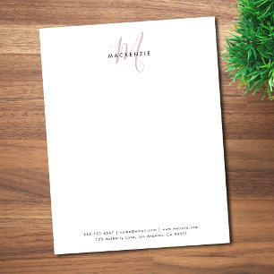 Papel Timbrado Elegante Monograma Moderno em Branco e Rosa Script