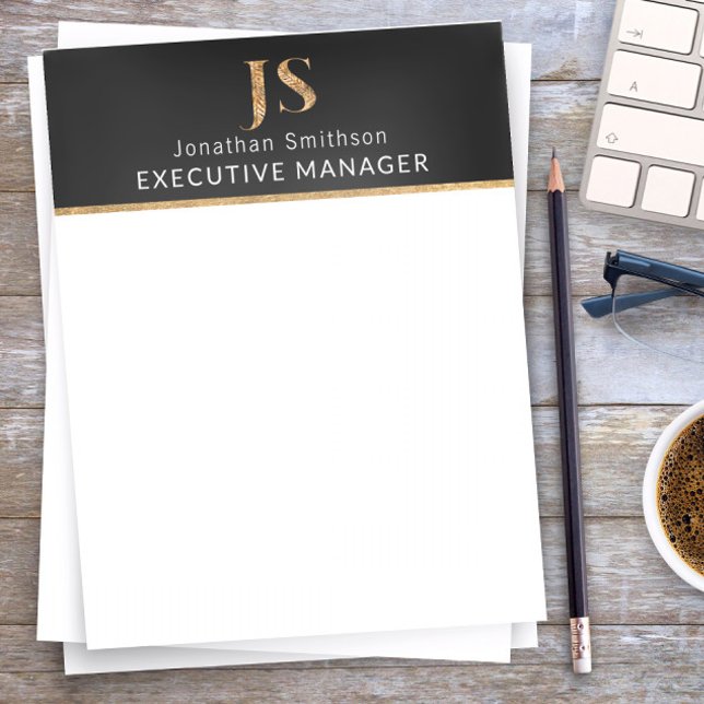 Papel Timbrado Elegante, preto e Dourado monograma personalizado (Criador carregado)