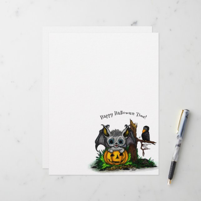 Papel Timbrado Esperando o Halloween, Cute Bat e Raven (Frente/Verso In Situ)