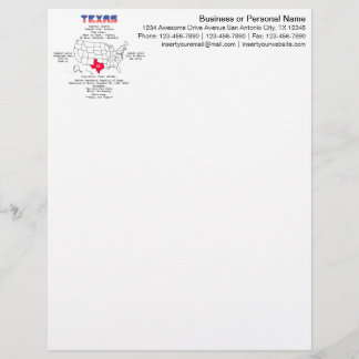 Papel Timbrado Estado do Texas americano em um mapa e informações