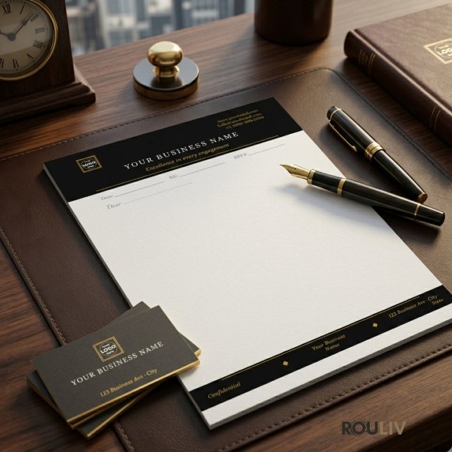 Papel Timbrado Executivo Dourado Preto | Negócios  (Gold Navy Executive Letterhead | Luxury Business Stationery)