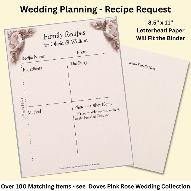 Papel Timbrado Family Recipe Sheets, Pink Roses & Doves Wedding (Criador carregado)