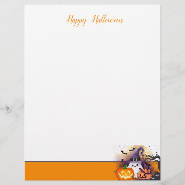 Papel Timbrado Fantasma de Halloween Fofo com Chapéu de Bruxa e A (Frente)