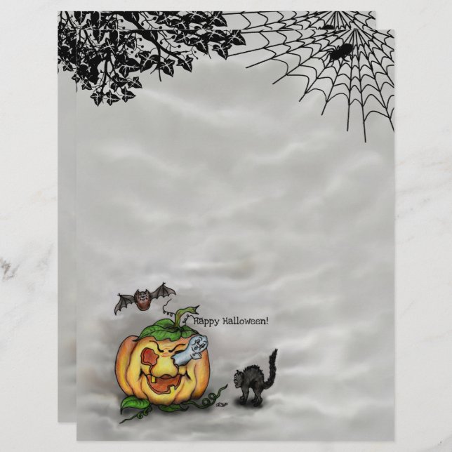 Papel Timbrado Fantasma, Gato, Bat e Pumpkin, Feliz Halloween! (Frente/Verso)