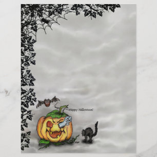 Papel Timbrado Fantasma, Gato, Bat e Pumpkin, Feliz Halloween!
