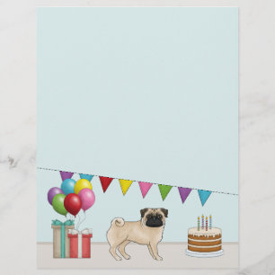 Papel Timbrado Fawn Pug Cachorro de Desenho Animado Fofo Aniversá