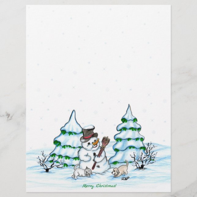 Papel Timbrado Feliz Natal! Boneco de Neve com Gato e Cachorrinho (Frente)