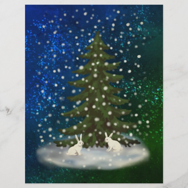 Papel Timbrado Feliz Natal, coelhinhos brancos sob um chute (Frente)