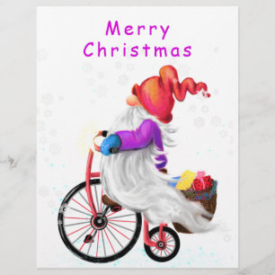 Papel Timbrado Feliz Natal - Gnomo Engraçado com Bicicleta e Pre
