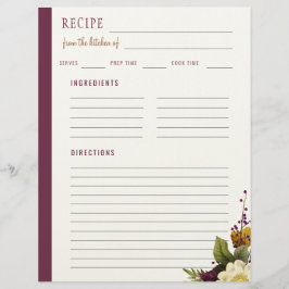 Papel Timbrado Florais elegantes da cozinha da receita em branco