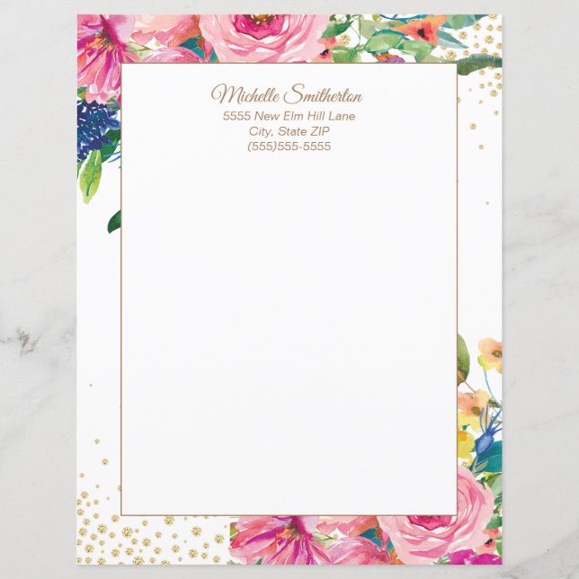 Papel Timbrado Floral com Glitter Rosa Elegante em (Frente)