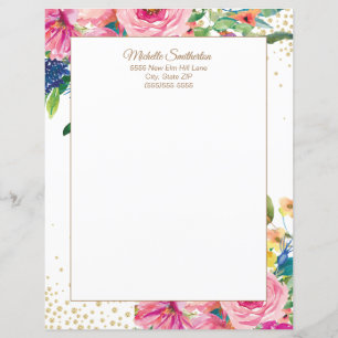 Papel Timbrado Floral com Glitter Rosa Elegante em