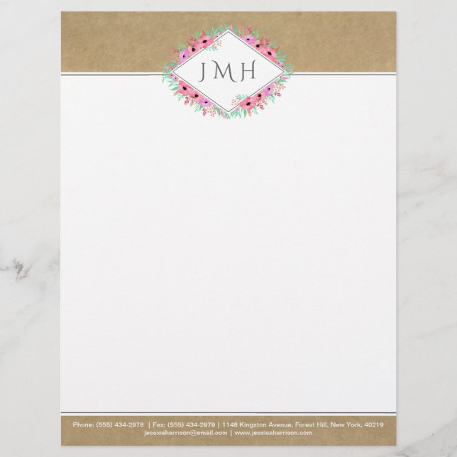 Papel Timbrado Floral & Kraft Elegante Pessoal Ou Comercial (Frente)