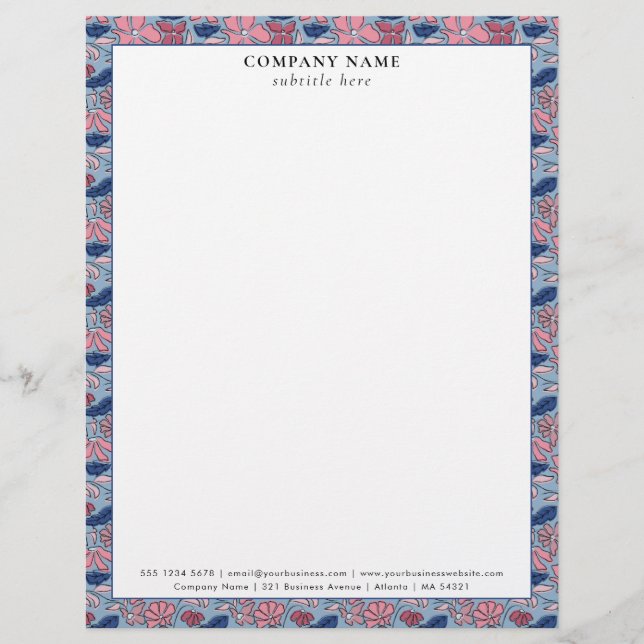 Papel Timbrado Floral Pink Blue Pattern Company Name Details (Frente)