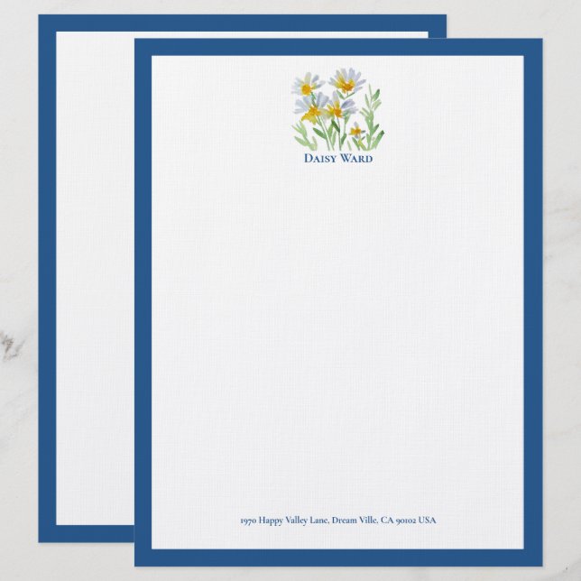 Papel Timbrado Floral Pintado à Mão com Margarida  (Frente/Verso)