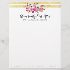 Papel Timbrado Floral Rosa e Glamour Dourado Listra Moderna Aquar