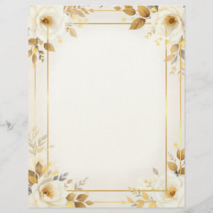 Papel Timbrado Flores Brancas e Douradas e Papelaria de Moldura D