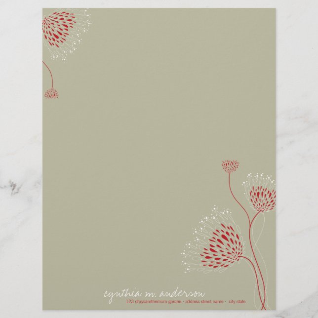 Papel Timbrado Flores de Crisântemo Vermelhas Floral Chic Elegant (Frente)