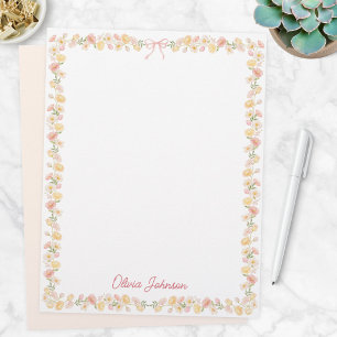 Papel Timbrado Flores Florais Amarelas Rosadas Monogramadas Aquar