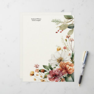 Papel Timbrado Flores Personalizadas Burgundy Teal Branco