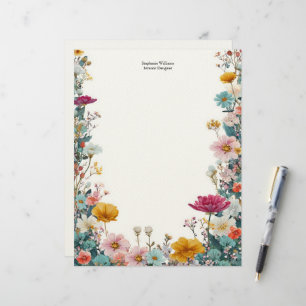 Papel Timbrado Flores Selvagens Rosa Amarelo Turquesa Personaliza