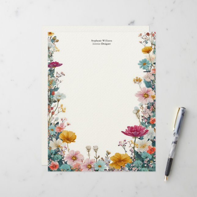Papel Timbrado Flores Selvagens Rosa Amarelo Turquesa Personaliza (Frente/Verso In Situ)