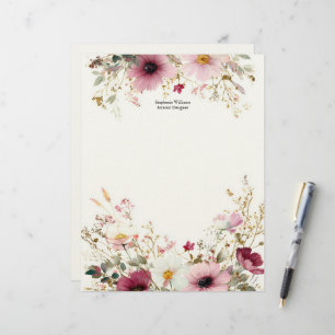 Papel Timbrado Flores Silvestres Rosa Personalizadas Burgundy