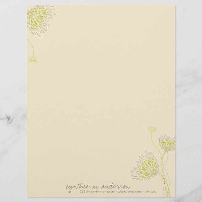 Papel Timbrado Flores Verdes de Crisântemo Floral Elegante e Chic (Frente)