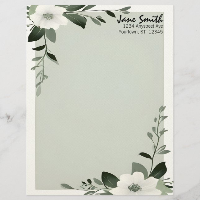 Papel Timbrado Flower Overlay Sage Green Personalized Stationery (Frente)